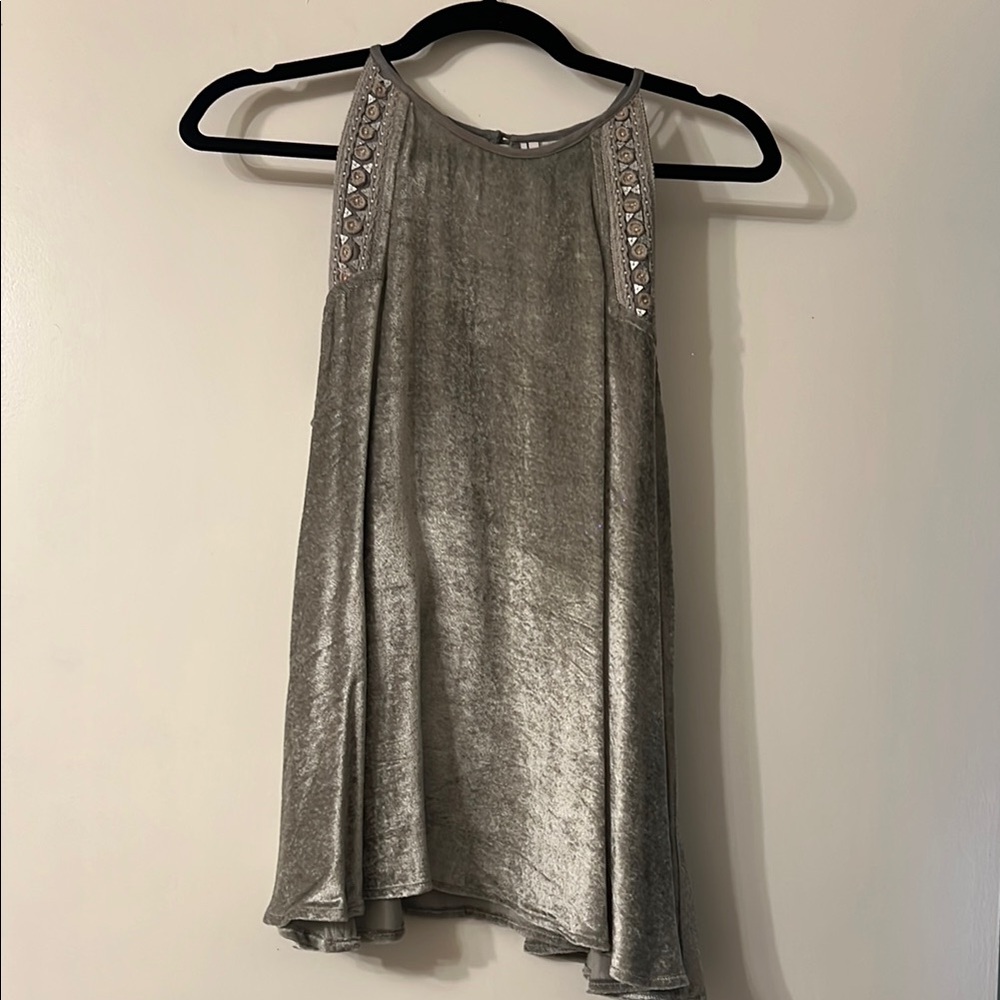 Silver Velvet Sleeveless Top with Embellished Straps